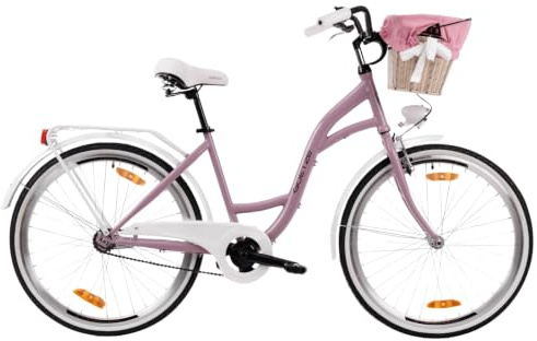 Goetze Style 26 Zoll Damen Citybike im Hollandrad-Look, 1-Gang | 17 Zoll Stahl-Tiefeinsteiger, Rücktrittbremse & V-Brake, LED-Beleuchtung, Schutbleche, Rattankorb, Gepäckträger & Ständer