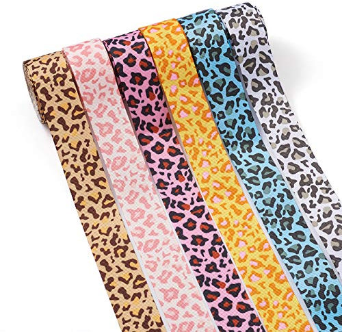 Pandahall 6 Rollen Ripsband mit Leopardenmuster, 2,5 cm breit, Tier-/Geparden-Druck, Bastelband für Haarbänder, Haarschleifen, Geschenkverpackungen, Nähen, Basteln (6 Farben, 4,5 Meter/Rolle)