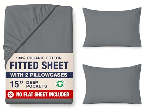 LANE LINEN Super King Size Fitted Sheet – 100% Organic Cotton with 2 Pillowcases, Deep 35cm Pocket, All-Around Elastic, Breathable Bottom Sheet - Charcoal