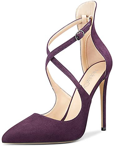 NobleOnly Mujer Hebilla Tira de Tobillo Zapatos de Tacón Tacón de Aguja 12CM High Heels Pumps Morado Ante Zapatos EU39