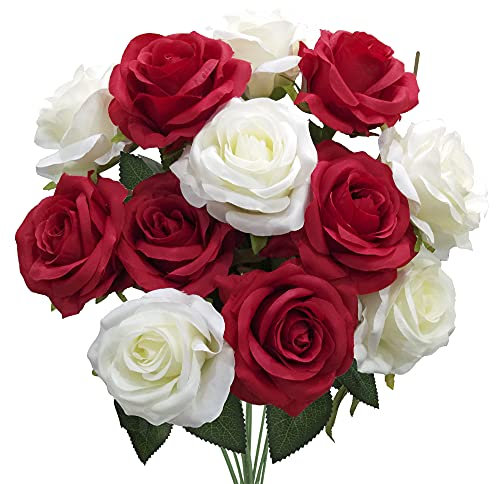 Huahuashijie 1 bouquet di fiori artificiali, rose di seta, fiori finti da sposa, fiori realistici, per casa, giardino, feste, hotel, ufficio, decorazione (rosso e bianco)