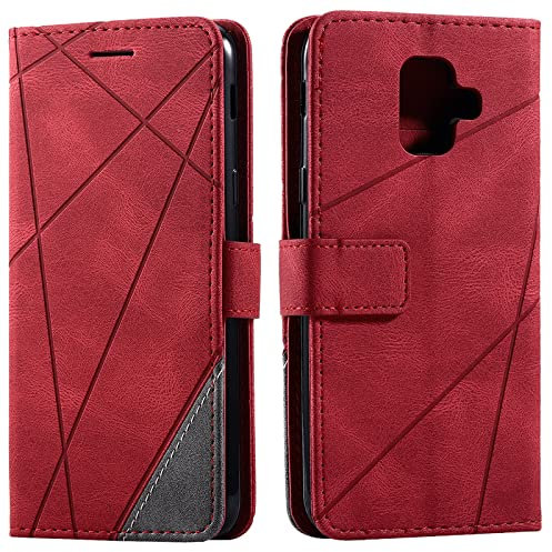 Vankii Kompatibel mit Samsung Galaxy A6 2018 Hülle, Flip Wallet Handyhülle PU Leder Brieftasche Tasche Case Stoßfeste Schutzhülle [Kartenschlitzen] [Magnetverschluss] [Standfunktion] (Rot)