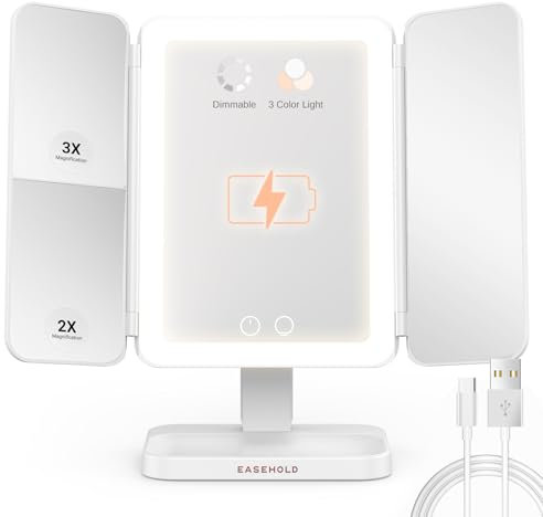 EASEHOLD Kosmetikspiegel mit Beleuchtung, 3- oder 2-fache Vergrößerung Schminkspiegel mit 3 einstellbare LED Licht, Akkubetrieb oder Typ C Aufladen Makeup Mirror (2000 mAh Akku)