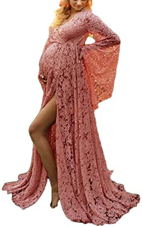 YAOTT Vestito da maternità Abito Premaman Tinta Unita Vestito Maxi Elegante in Pizzo Manica Lunga con Scollo A V per Servizio Fotografico in Gravidanza Abito da Festa,Rosa,L