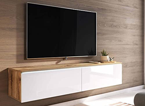 DecoInParis Meuble TV Contemporain chêne et laqué Blanc avec LED 2 Portes Malorie - 140 cm
