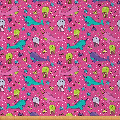 Karikatur Einhorn Stoff Meterware Meerestier Polsterstoff Narwal Qualle Sterne Herzen Dekostoff für Polsterung und Akzente Im Haus Ozean Meereslebewesen Stoff Pink Grün 920 x 150 (HxB)