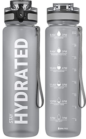Sahara Sailor Leakproof Water Bottle 1L, Tritan BPA Free Motivational Sport Drinks Bottle with Clear Time Marker, Lock Cover, Easy Clean Brush, Durable for Gym, School, Hiking, Cycling (1 Bottle)