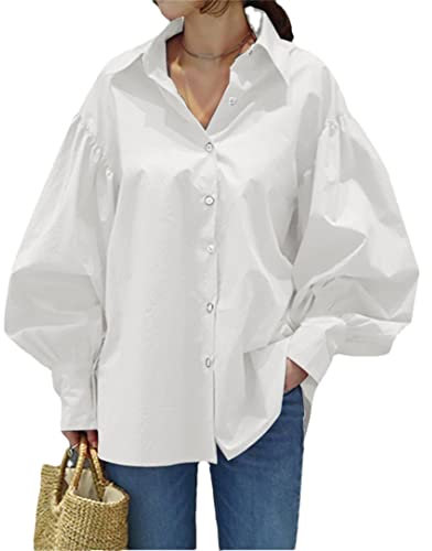Fulbant Frauen Vintage Ballon Ärmel Bluse Baumwolle Oversized Casual Weiß Boyfriend Shirts, weiß, X-Large