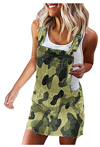 Salopette in jeans, da donna, corta, oversize, gonna in jeans, mini gonna, in denim, con salopette in denim, senza maniche, con salopette, mimetico, L