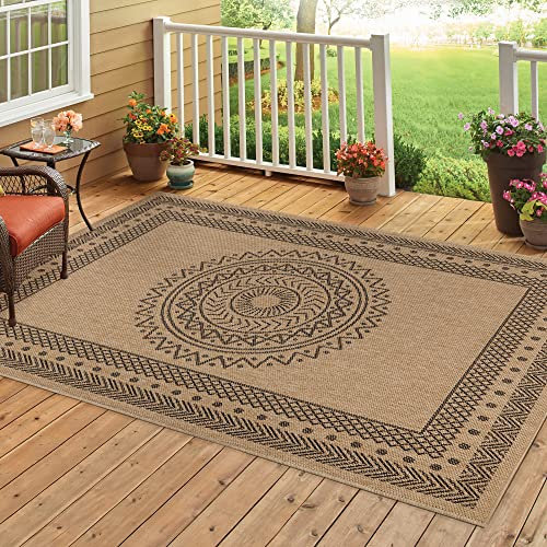 HomebyHome Outdoor Teppich Wetterfest 140 x 200 cm Natur Sisal und Jute Optik - Balkon Teppich Wasserfest Vintage Design Pflegeleicht - Waschbarer Teppich Küche, Garten, Terrasse und Camping