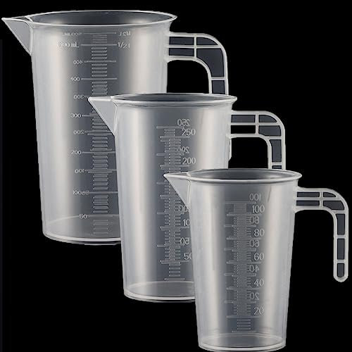 3 Stück Messbecher Kunststoff Set Mit Griff & Gramm Skala 100ml+250ml+500ml, Hitzebeständig Präzisions Messbecher für Waschmittel, Küche, Labor, die Autopflege feine Skala Lebensmittelecht Transparent