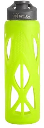 TintBox Borosilicate Glass Bottle with Protective Silicone Sleeve | Water bottle for Fridge, Office, Gym, Travel, Home | BPA-Free | Glow in the dark Atomic green (Pack of 1) | 750 ml