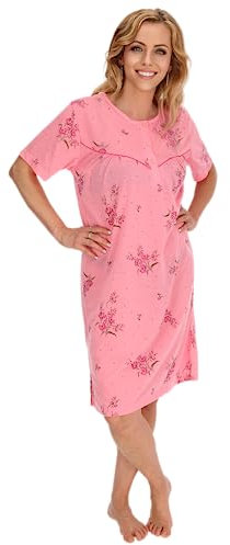 Schuerzenfabrik - Chemise de nuit à manches courtes pour femme, bleue, rose, violet, orange avec boutonnière, Chemise de nuit à manches courtes rose, XXL