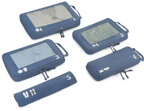 ECOHUB 5 Teilige Kompression Koffer Organizer Set für Rucksack Compression Packing Cubes Packwürfel Kofferorganizer Packtaschen Kleidertaschen für Koffer Reiseorganizer(Reines Blau)