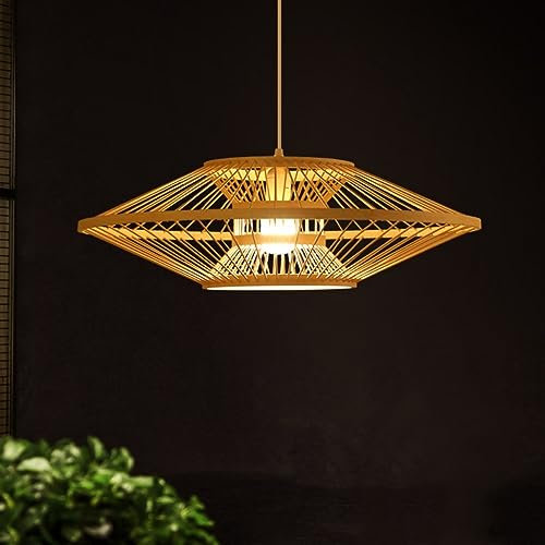 E27 Natürlichen Bambus Kronleuchter Vintage Pendelleuchte Retro Industrial Gewebt Handgemachter Rattan Lampenschirm Hängelampe Höhenverstellbar Bar Cafe Club Hängeleuchte Esszimmer Dekoration