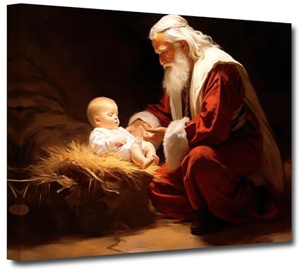 CXHOSTENT Krippen Leinwandbilder Jesus in einer Krippe Kunstdrucke Weihnachtsmann und Jesuskind Bilder von Christus Kunstwerk Weihnachtsdekoration (C, 30.00 x 45.00 cms)