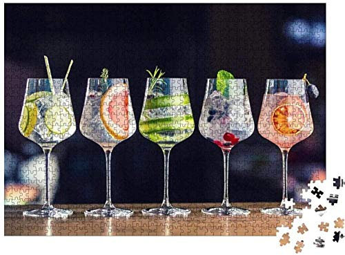 ALKOY Jigsaw Puzzles for Adults 1000 Piece - Five Colorful Gin and Tonic Cocktails in Wine Glasses on The Puppy's Counter - Educational Puzzles Jigsaw