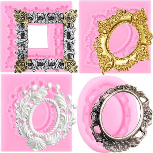 RFGHAC Photo Frame Fondant Mould Flower Wreath Silicone Moulds Baroque Style Picture Frames Silicone Mould for Cake Decorating Cupcake Topper Gum Paste Chocolate Candy Polymer Clay Set of 4