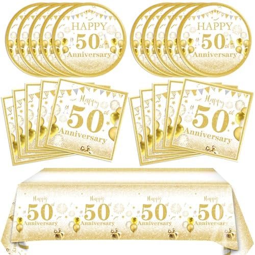 41 PCS 50th Wedding Anniversary Decorations White and Gold Cheers to 50 Years Disposable Tableware Including Plates Napkins Tablecloth for Men Women Fifty Years Old Anniversary