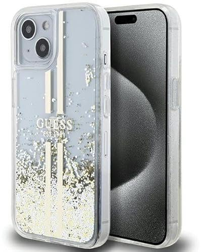 GUESS GUHCP15MLFCSEGT Case for iPhone 15 Plus / 14 Plus 6.7 Inch Transparent Hard Case Liquid Glitter Gold Stripes