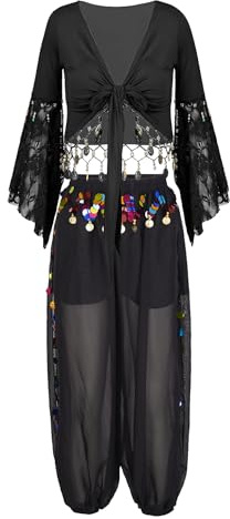 Freebily Damen Bauchtanz Kostüm Indische Tanzkleider Puffärmel Münzen Bauchtanz Oberteile Pluderhosen Rock Belly Dance Outfit