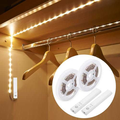 UNIKS 2PC 1M Tira Led Pilas AAA con Sensor Movimiento,Blanco Cálido 3000K,Tira de luz nocturna Iluminación para Interiores Escalera,Pasillo,Armario,Cocina