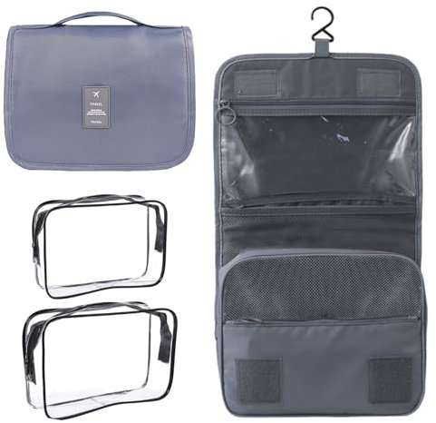 DKDDSSS Damen Kulturbeutel, mit 2 Stück Transparente Kulturtasche, Kulturtasche zum Aufhängen, Faltbare Waschtasche Kosmetiktasche Groß mit Haken für Damen und Herren