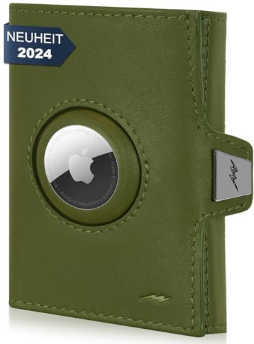 Marc Peter® Jupiter Airtag Echtleder Geldbörse mit Münzfach | Kleines Airtag Portemonnaie für Herren mit RFID | Apple Airtag Mini Geldbörse für Männer | Kreditkartenetui für bis zu 11 Karten Grün