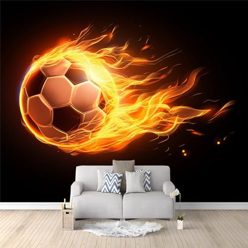 Flaming Soccer Ball Theme Photo Wallpaper - 150 x 105 cm Non-Woven Premium Fleece Wall Mural - Black Background Art Print Bedroom Living Room Decoration Poster