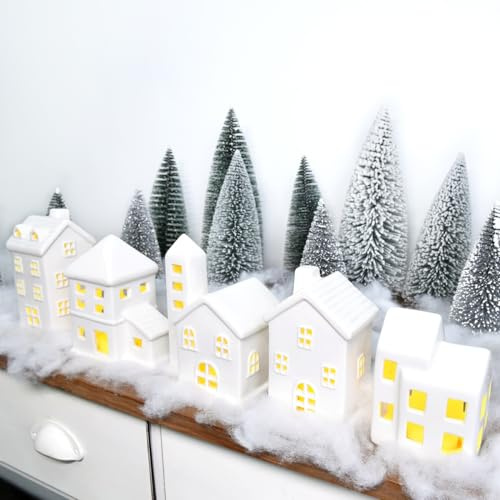 JETEHO Ceramic Christmas Village Houses 5 Pcs White Houses & 9 Pcs Trees & Fake Snow Farmhouse Christmas Decorations Indoor for Home Table Mantle Fireplace