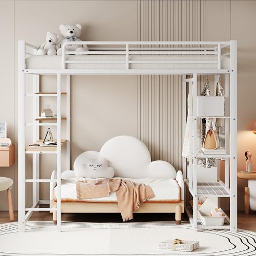 Moimhear Metall-Hochbett mit Leiter 140 * 200 cm, Juniorbett Doppelbett mit Tisch mit einfachen Kleiderbügeln mit Ablagefächern (Weiß)