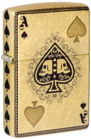 Zippo Sturmfeuerzeug - Ace of Spades Design, 540° Tumbled Brass, Lustre/Fusion - Nachfüllbar - Wiederverwendbar - Windfestes Design - Geschenkbox - Made in USA
