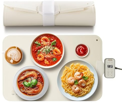 VEVOR Bandeja Eléctrica para Calentar Alimentos para Bufé, Silicona Enrollable y Portátil con 4 Configuraciones de Temperatura Ajustables, Apagado Automático y Bloqueo para Niños, 600 x 400 x 14,5 mm