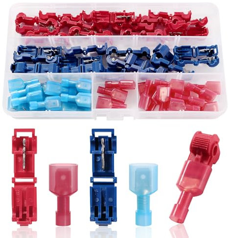YIXISI 60 Pezzi (30 Paia) Kit Morsetti Elettrici T-tap, T-Tap Rapido Connettore T-Tap Connettore Terminale, T-Tap Filo Giuntura Terminale e Isolato Maschio Spade Terminale, Rosso, Blu