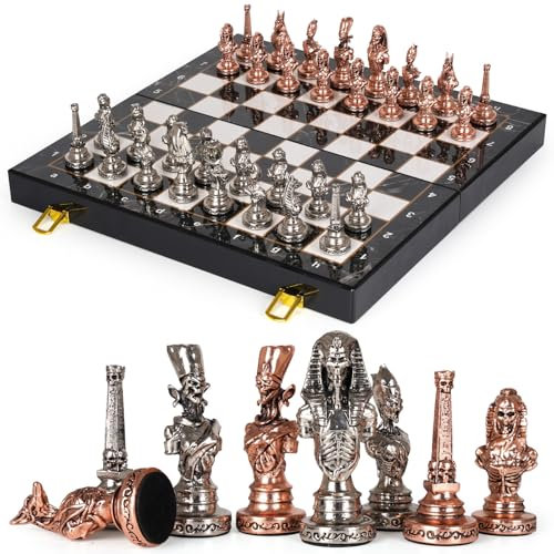 Großes ägyptisches Metall-Schachset für Erwachsene mit faltbarem Marmorierbrett, 38,1 cm Schachbrett, beschwerte Metall-Schachfiguren, luxuriöse Schachsets für Sammler, Familie, Vintage-Brettspiel