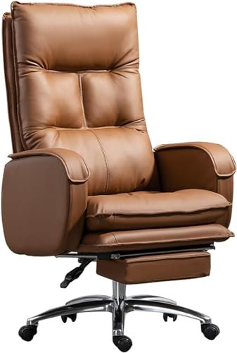SQMGFA Schreibtischstuhl für das Homeoffice, Bürostuhl, bequemer Computerstuhl aus echtem Leder, Drehstuhl mit Verstellbarer Rückenlehne und einziehbarer Fußstütze (Bernstein, Einheitsgröße)