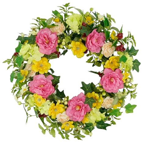 YNYLCHMX 18 Spring Summer Wreaths for Front Door, Artificial Floral Wreath with Peony and Eucalyptus Leaves, Green Foliage Wreath for Wall Window Farmhouse Party Holiday Home Decor