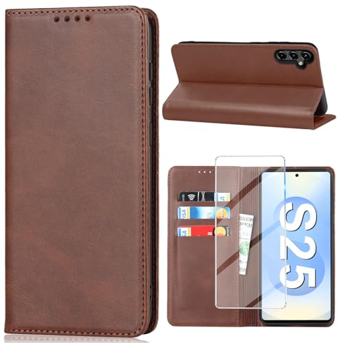 Vaki für Samsung Galaxy S25 Hülle mit Schutzfolie, Handyhülle Galaxy S25 5G PU Leder Wallet Kartenfach Klapphülle, Schutzhülle für Samsung S25 Flip Case Cover Coqu Tasche Handyschutz (Braun)