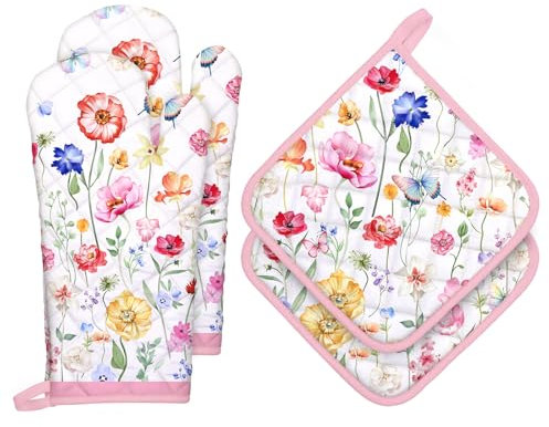 Arquiel Ofenhandschuh und Topflappen Blumen 4er Set, 100% Baumwolle Kochhandschuhe, Hitzebeständiger Küchenhandschuh Zum Kochen Backen Grillen Geschenk