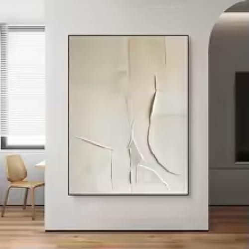 YUSUZHU Peinture minimaliste blanche crémeuse Grande texture beige 3D Art mural Beige Blanc Affiches abstraites Peinture Toile Photos 80x120cm Avec cadre