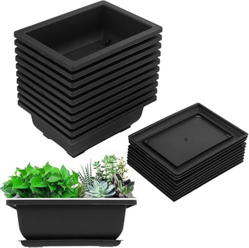 Callstick 10 Packungen Bonsai Trainings Töpfe mit Tablett Kunststoff Bonsai Pflanzen Topf für Garten Wohnen Balkon 16,5X12Cm