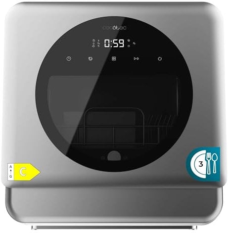 Cecotec Lavavajiillas Compacto Libre Instalación Sobremesa Bolero Aguazero 1150 Dark. 3 Cubiertos, Bajo Consumo, 6 Programas, Touch Control Panel, Funciones como Long Storage y Delay Start, Dark Inox