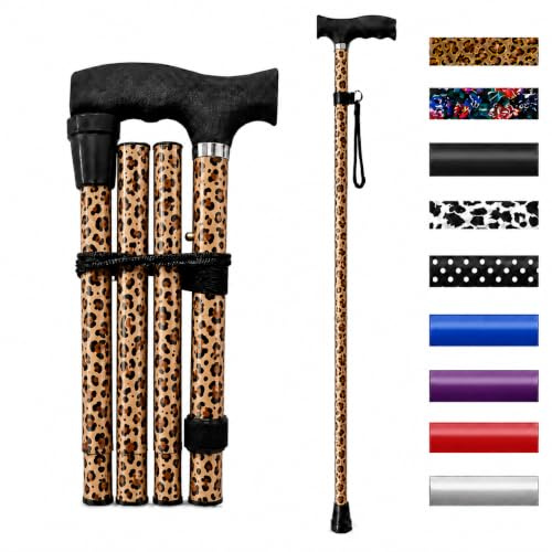 Life Healthcare Folding Walking Stick, Adjustable Aluminium, Brown Leopard | Lightweight folding aluminium cane with adjustable height, ergonomic handle, wrist strap and non-slip tip for daily support.