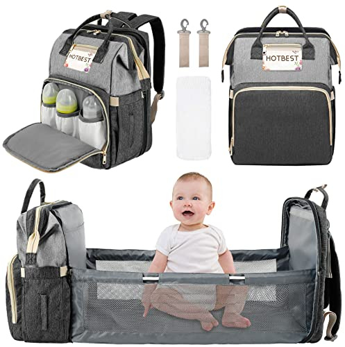 Eyoulife Wickelrucksack mit Bettfunktion Stabil Trocken Nasstrennung Wickeltasche Rucksack mit Isolierte tasche Windelunterlage Kinderwagenhaken, für Mama Papa (Dunkelgrau)