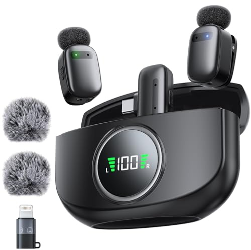 Pnitri Mini Microphone for iPhone, Wireless Lavalier Microphones with Charging Case for iOS/Android [Lightning/USB-C], Bluetooth Mic with Noise Reduction for Video Recording/Live Streaming/TikTok