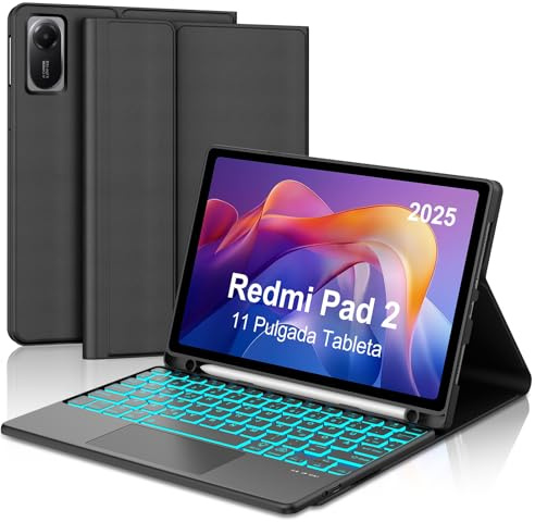 FOGARI Hülle mit Tastatur für Xiaomi Redmi Pad 2 11 Zoll 2025 mit Trackpad, 7 Farben Beleuchtung, Magnetisch Abnehmbarer Bluetooth-Tastatur für RedmiPad 2 2025/Redmi Pad SE 11 Zoll 2023, Schwarz