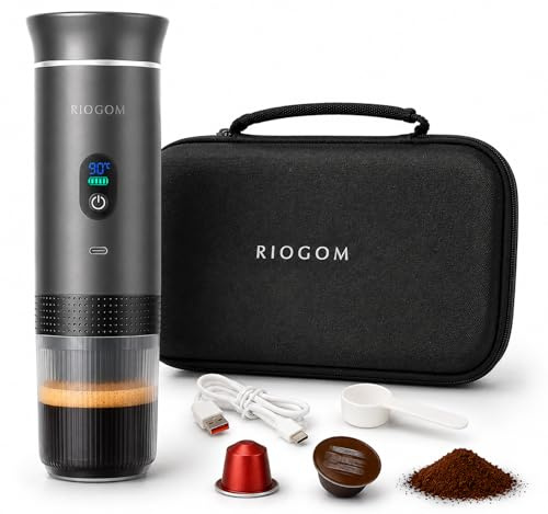 RIOGOM. ®️ Cafetera Portátil de Capsulas 3 en 1 Outin 12v Usb-C + Estuche rígido, Compacta, Ligera Y Recargable, Ideal para Tomar Cafe Caliente en Camping, Coche, camion Oficina etc. (Gris)
