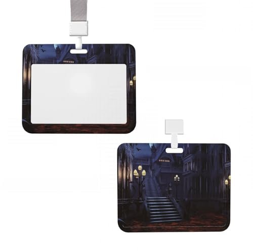 Porte-badge en plastique pour carte d'identité vertical avec lanière - Porte-badge hanté d'Halloween - Porte-nom, cartes clés, badge de travail - Pour infirmière, enseignante, bureau