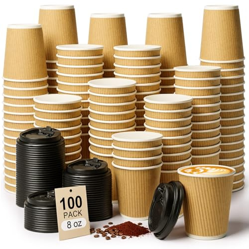 ALEXPRE 8oz 100 Pack Brown Disposable Coffee Cups with Lids | Insulated Ripple Triple Wall Paper Cups, Disposable Cups for Takeaway Hot&Cold Drinks, Office, Home, Cafe, Party, Travel
