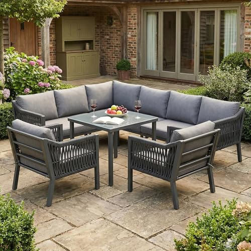 Merax Gartenmöbel Set für 8 Personen, Garten-Essgruppe mit Ecksofa & 2 Sesseln & Esstisch, handgewebtes Seil, Glasplatte, verzinkter Eisenrahmen, grau